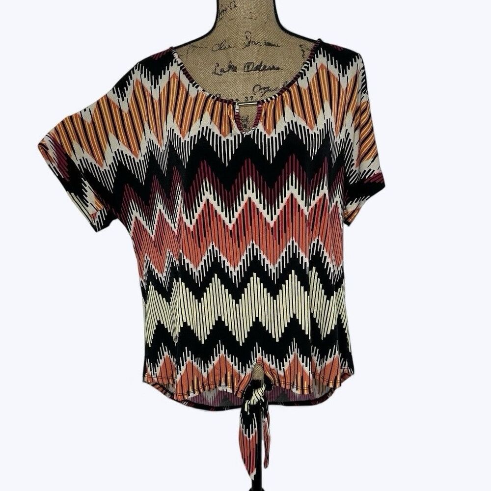 Cato Blouse Sz 14/16W Colorful Chevron Keyhole Tie Waist Artsy‎ Office Casual